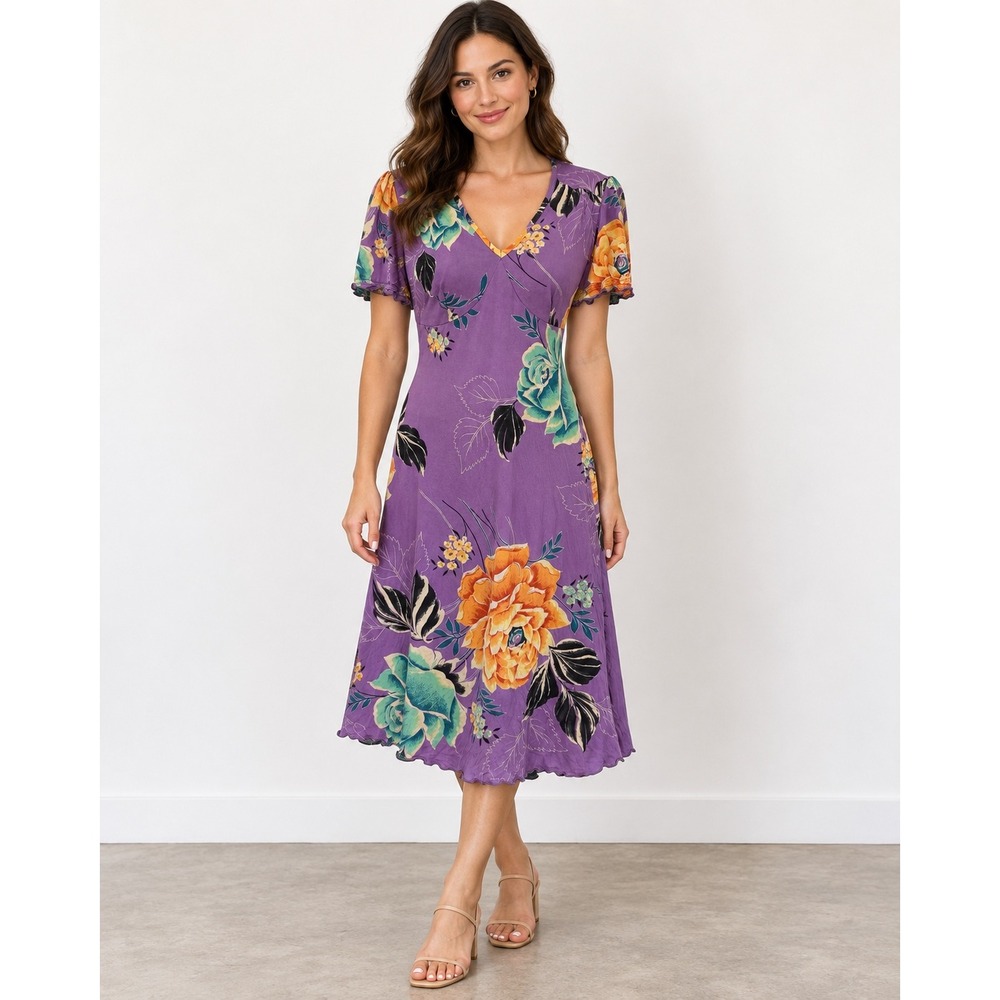 Vintage Kenzo Jeans Purple Silk Floral Midi Dress 90s Japanese Designer Small